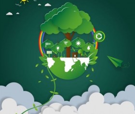 Green eco earth with paper cloud vector template 03
