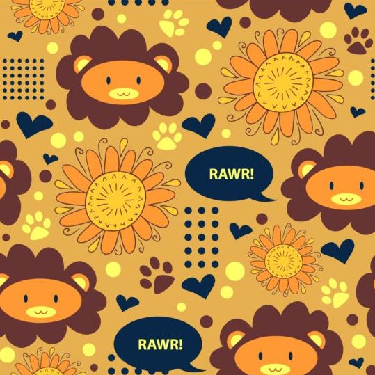 Lions and sunflowers seamless pattern cartoon vector