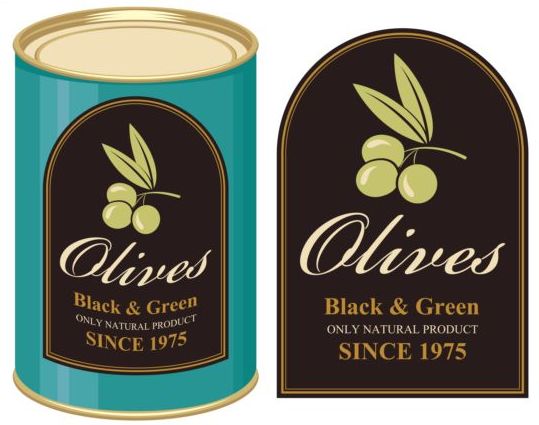 Olive oil labels with package cans vectors 02