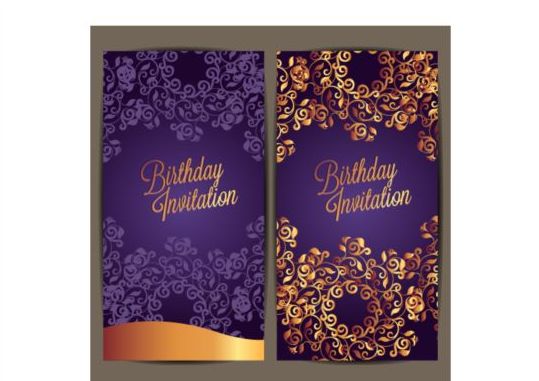 Purple floral with birthday invitation card vector 03