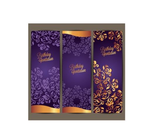 Purple floral with birthday invitation card vector 08