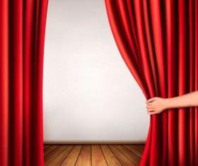 Red curtain with wooden floor and hand vectors background vector 01