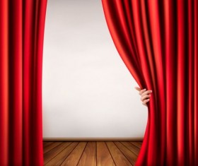 Red curtain with wooden floor and hand vectors background vector 02