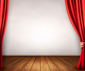 Red curtain with wooden floor and hand vectors background vector 03