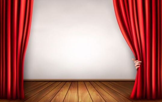 Red curtain with wooden floor and hand vectors background vector 03