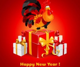 Reooster new year with gift box vector 01