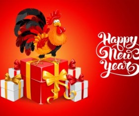 Reooster new year with gift box vector 02
