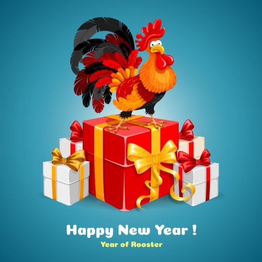 Reooster new year with gift box vector 03