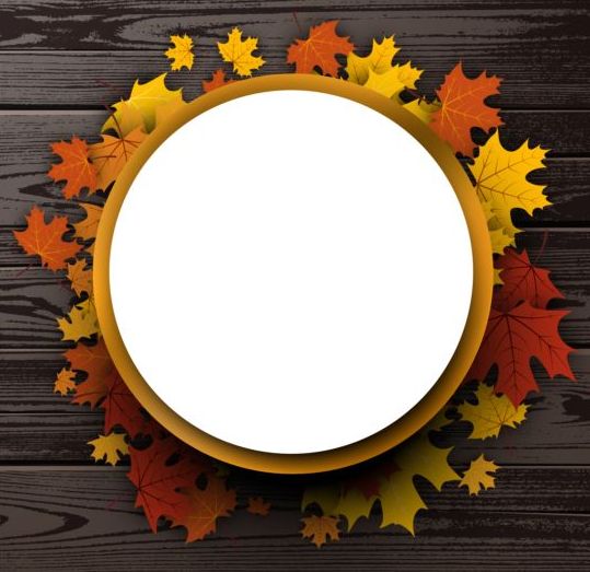 Round paper with leaves frame and wooden background vector