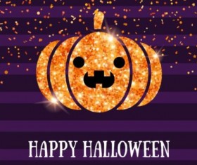 Shining pumpkin lantern with happy halloween purple background vector