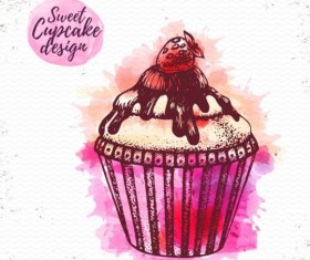 Sweet cupcake hand drawn watercolor vector 01