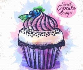 Sweet cupcake hand drawn watercolor vector 03