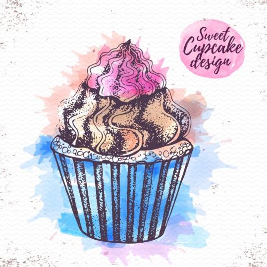 Sweet cupcake hand drawn watercolor vector 04