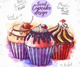 Sweet cupcake hand drawn watercolor vector 08