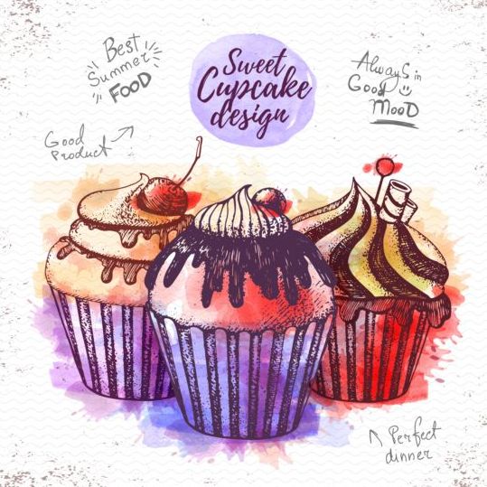 Sweet cupcake hand drawn watercolor vector 08