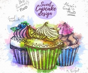 Sweet cupcake hand drawn watercolor vector 09