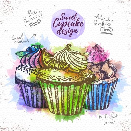 Sweet cupcake hand drawn watercolor vector 09
