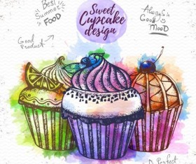 Sweet cupcake hand drawn watercolor vector 10