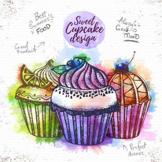 Sweet cupcake hand drawn watercolor vector 10