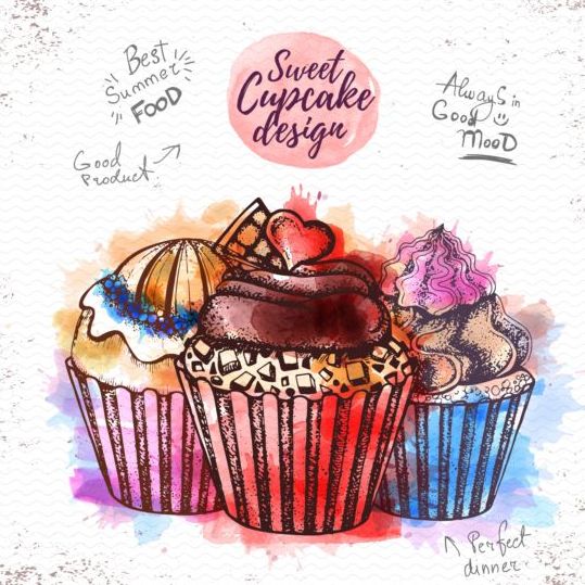 Sweet cupcake hand drawn watercolor vector 11