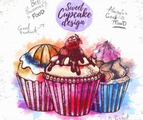 Sweet cupcake hand drawn watercolor vector 12