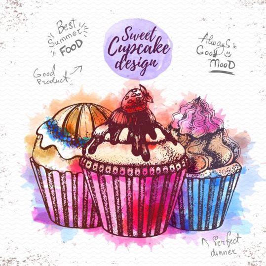 Sweet cupcake hand drawn watercolor vector 12