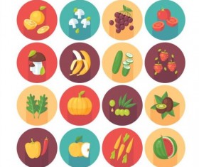 Vagetable with fruits circle shadow icons set 01