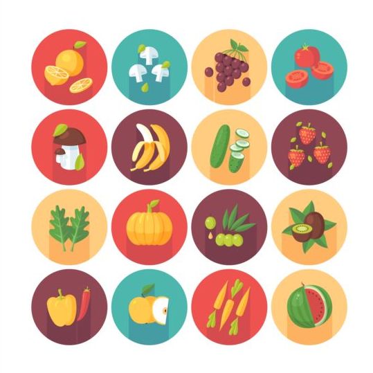 Vagetable with fruits circle shadow icons set 01