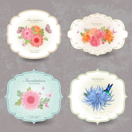 Vintage flower invitation cards vector set 03