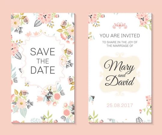 Wedding invitation card template with floral vectors 02