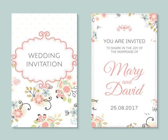 Wedding invitation card template with floral vectors 04