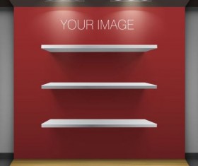 Wooden shelves with red background vector