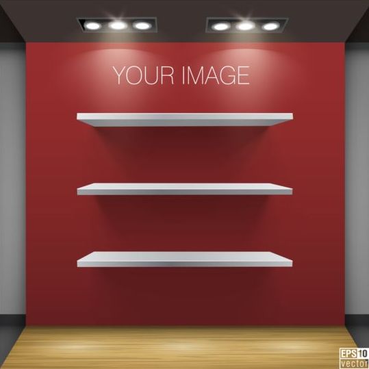 Wooden shelves with red background vector