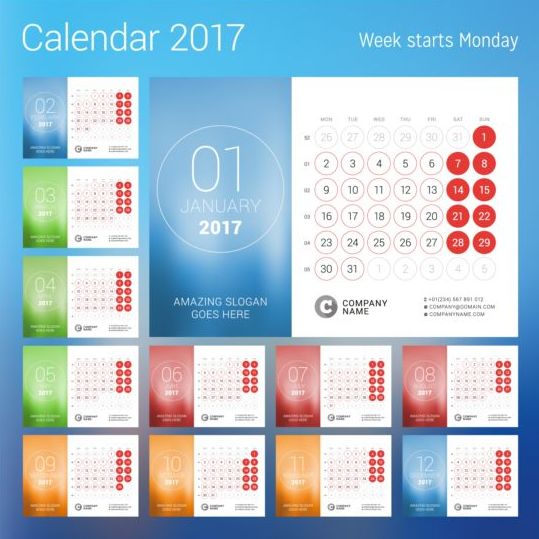 2017 calendar with round button vector 01