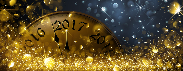 2017 clock with golden halation vector new year background