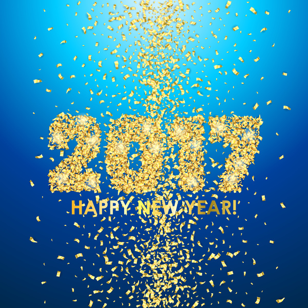 2017 new year with golden confetti blue background vector
