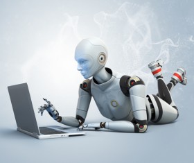 A robot using a laptop Stock Photo