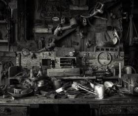 Antique tools on old workbench