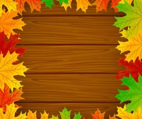 Autumn leaves frame with wooden background vector 01