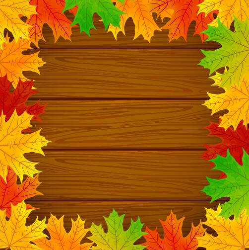 Autumn leaves frame with wooden background vector 01