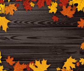 Autumn leaves frame with wooden background vector 03