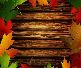 Autumn leaves frame with wooden background vector 04