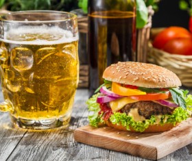 Barbecue Hamburger with Beer Stock Photo