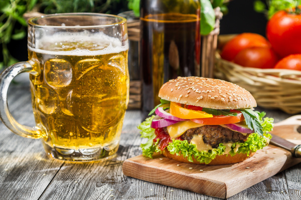 Barbecue Hamburger with Beer Stock Photo