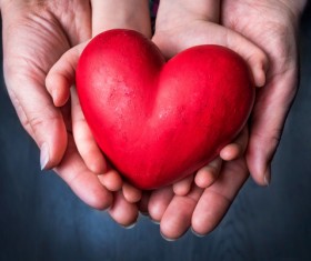 Big and small hands holding a red heart-shaped Stock Photo