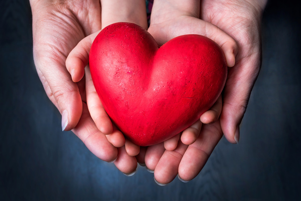 Big and small hands holding a red heart-shaped Stock Photo