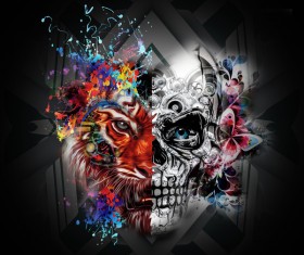 Black background and abstract man and animal face