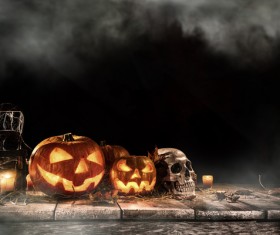 Black background with horror skull with pumpkin lights 01