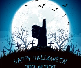 Blue Halloween background with thumb up on cemetery vector
