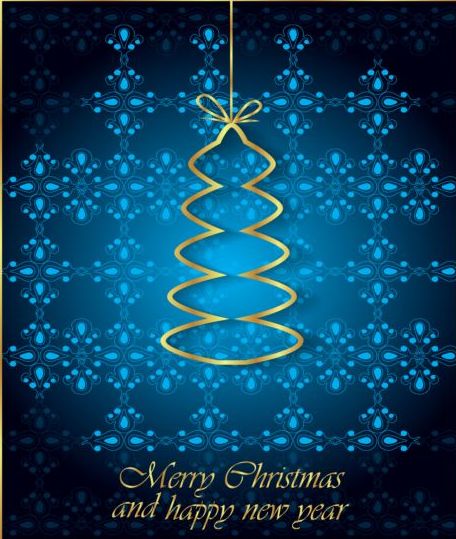 Blue christmas background with golden xmas tree vectors